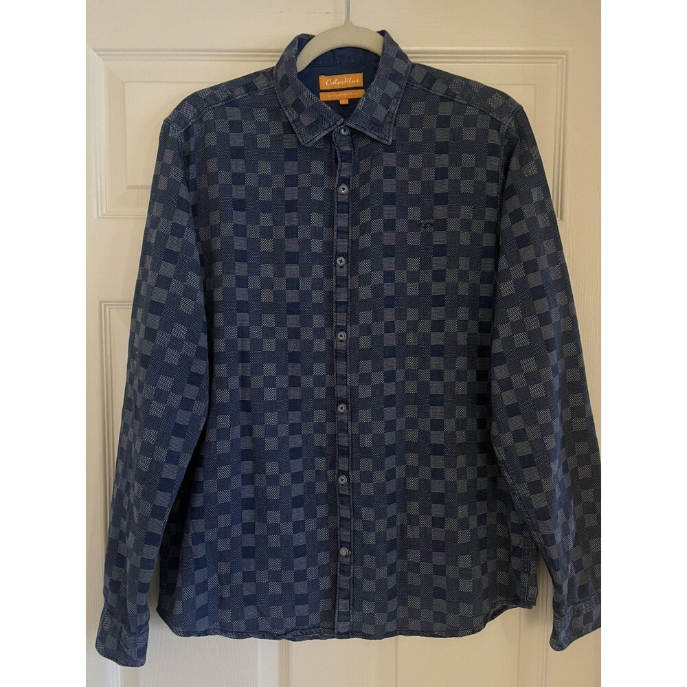 ColorPlus Men's Blue Chambray Blue Checkered Shirt Sz L Damier Style Luxury
